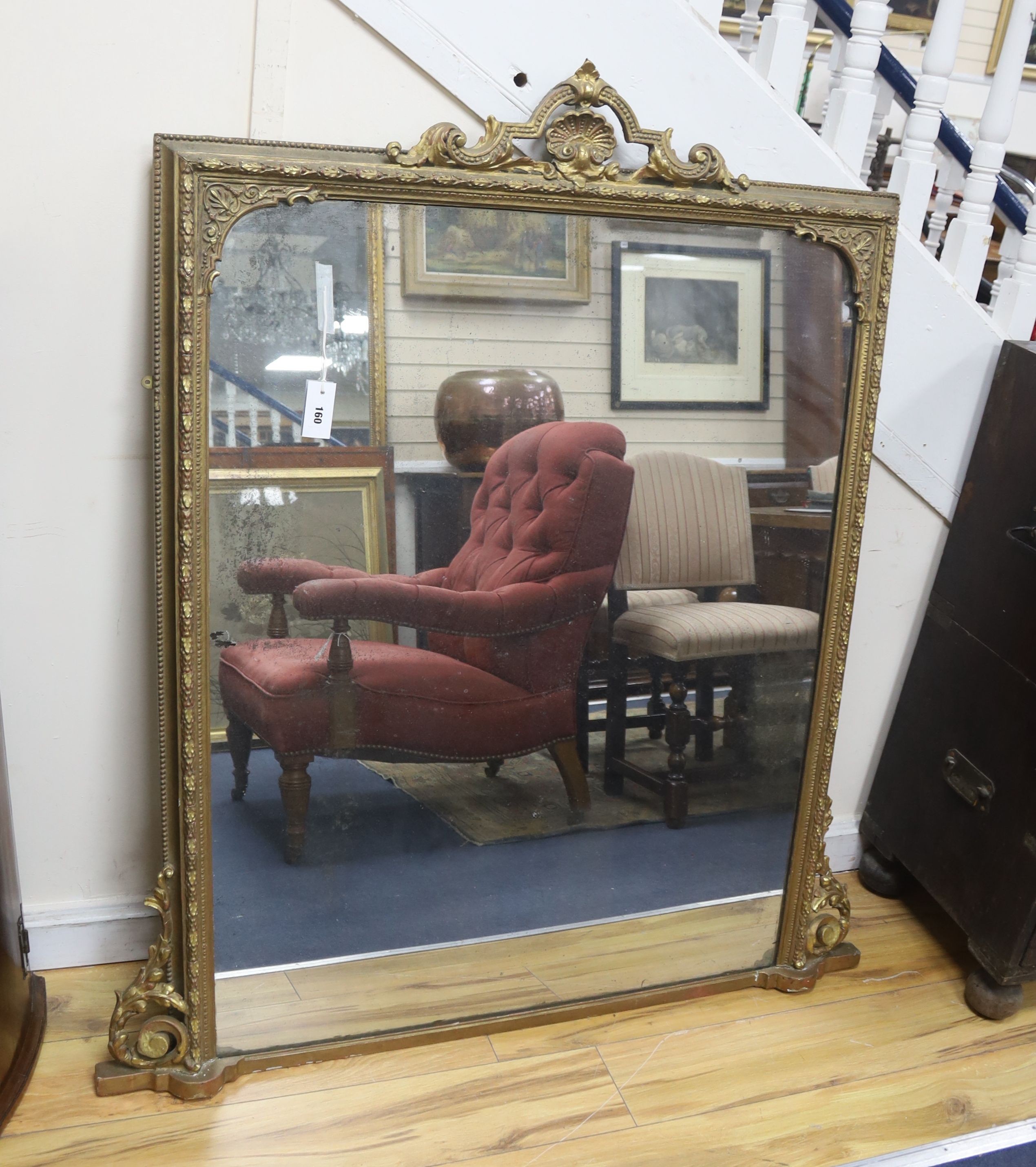 A Victorian rectangular giltwood and gesso overmantel mirror, width 106cm, height 140cm
